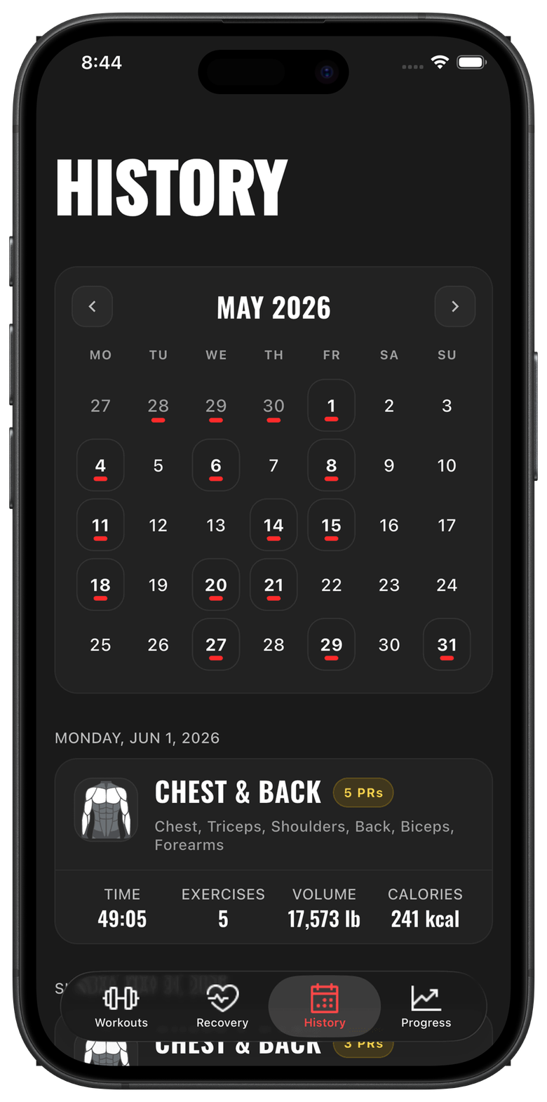 225 workout history calendar screen