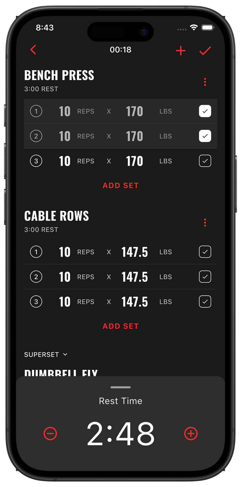 225 workout logging screen