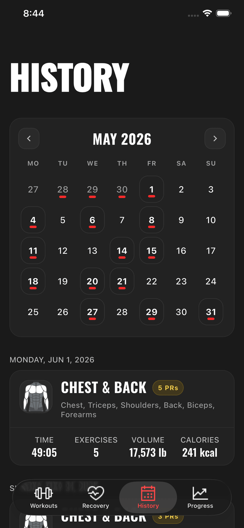 225 workout history calendar screen